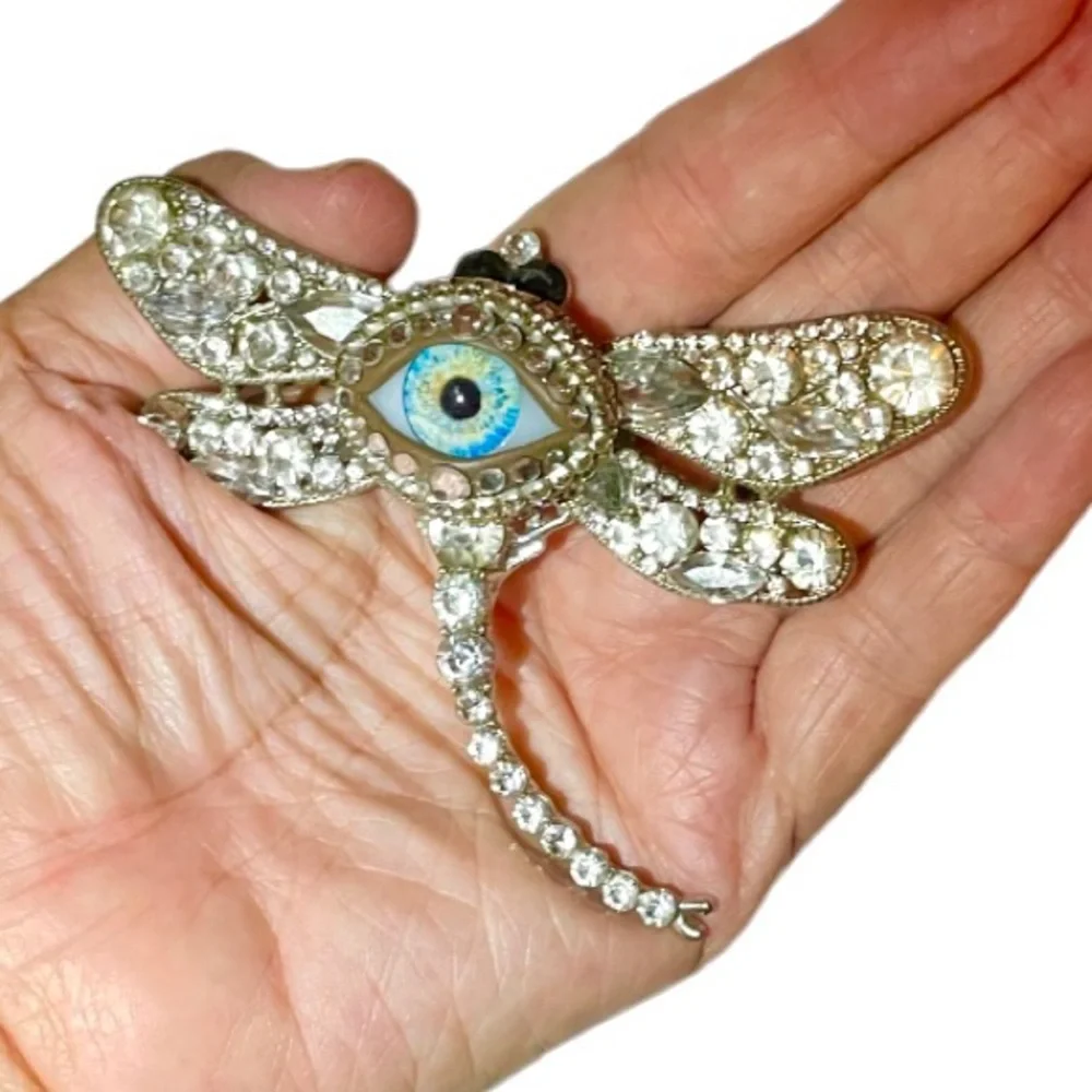 Dragonfly & Eye of Protection Brooch Pendant Handmade Glass Iris & Rhinestones